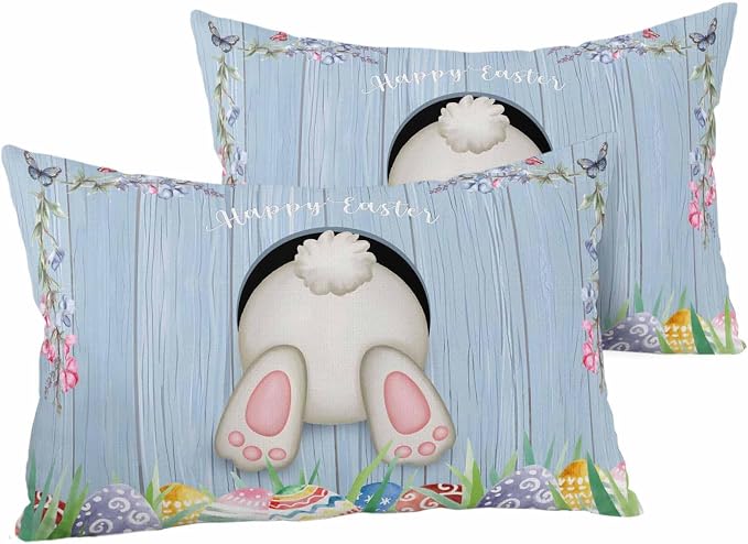 Vandarllin Outdoor Throw Pillows Covers 12X20 Set of 2 Waterproof Bunny Butt Easter Eggs Decorative Zippered Lumbar Cushion Covers for Patio Furniture, Spring Flower Wood Grain