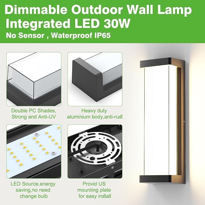 10%-100% Dimming LED Modern Outdoor Wall Light, 16in 3000K Dimmable Porch & Patio Wall Light Fixture,Black Aluminum&Dual PC Wall Lights Suitable for Garage Living Room Courtyard House(3000K)