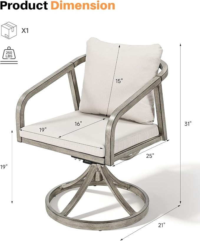 2-Piece Outdoor Swivel Chairs, Patio Dining Chairs with Removable Cushions, Never-Rust Aluminum Outdoor Dining Chairs with Wraparound Seating Design for Garden, Deck, Backyard, Gray Oak
