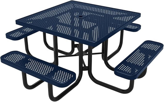 COATEDOUTDOORFURNITURE Heavy-Duty Portable Outdoor Picnic Table with Umbrella Hole, Punched Steel Commercial-Grade Patio Dining Furniture Made in America (46" Square Top, Textured Dark Blue)