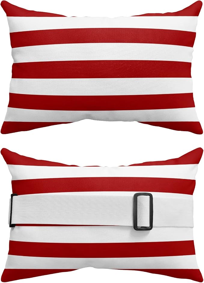 T&H XHome Outdoor Pillow for Chaise Lounge Chair, Red and White Stripe Waterproof Headrest Pillow Lumbar Pillows with Adjustable Elastic Strap for Beach, Poolside, Patio, Office (2 Pack)