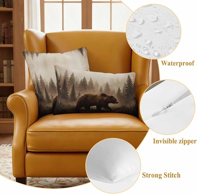 Yukro Nature Landscape Outdoor Waterproof Pillow Covers Pack of 2, Rustic Brown Bear Misty Forest Pine Tree Throw Pillowcases Decorative Cushion Covers for Garden Patio Tent Sofa Couch, 24x24 inch