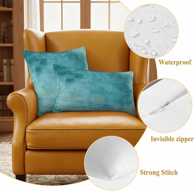 Teal Outdoor Waterproof Pillow Covers, Vintage Oil Painting Decorative Square Throw Pillowcase, Modern Abstract Art Sofa Cushion Sham for Patio/Couch/Chair, 20"x20" 2 Pack