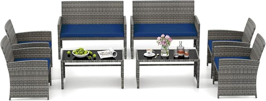 HAPPYGRILL 8 Piece Rattan Wicker Patio Conversation Set, Outdoor Furniture with Chair Loveseat Table & Cushion, for Backyard Porch Balcony (2, Navy)