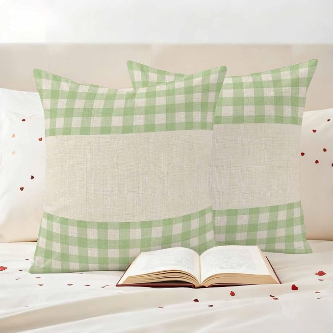 Retro Green Outdoor Waterproof Pillow Covers, Farmhouse Buffalo Plaid Vintage Beige Decorative Square Throw Pillowcase Sofa Cushion Sham for Patio/Couch/Chair, 26"x26" 2 Pack