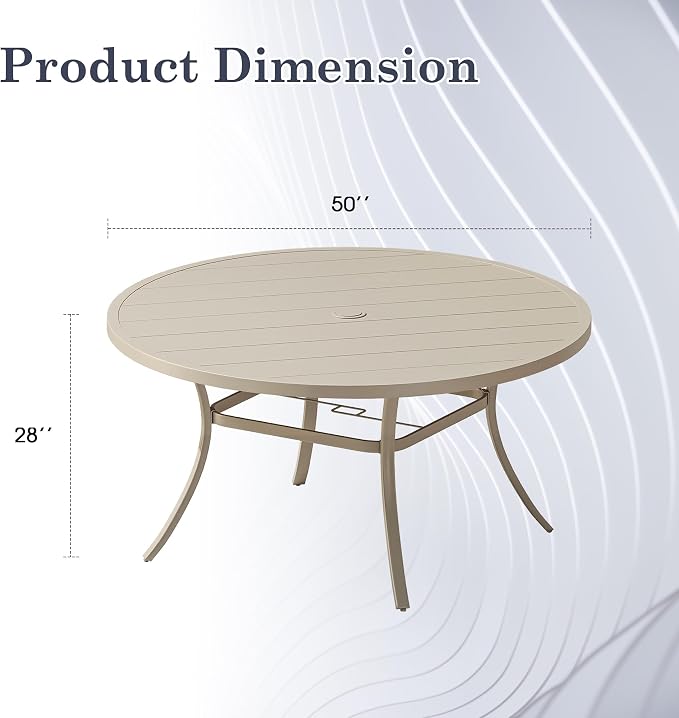 Outdoor Dining Table for 6, 50" Round Outdoor Table with Adjustable Umbrella Hole, All-Weather Metal Patio Dining Table for Lawn Garden Backyard Deck, Sandshell