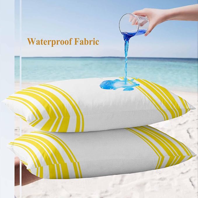 Outdoor Waterproof Throw Pillow Covers Set of 2 Yellow Stripes Lumbar Pillowcases 20x12 Inches White Vertical Striped Decorative Pillows Cushion Case Patio Pillows for Couch Bed Chair Garden
