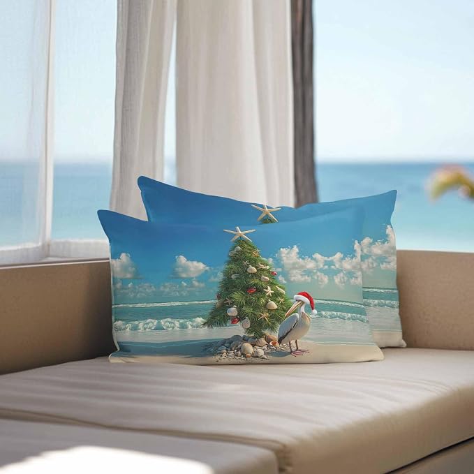 Christmas Outdoor Throw Pillows Covers 20x12 inch Set of 2 Waterproof Christmas Tree Decorative Zippered Cushion Covers for Patio Furniture, Pelican Starfish Shell Beach Wave Lumbar Pillowcases