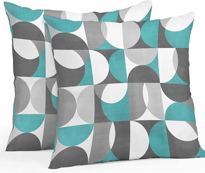 Vandarllin Outdoor Throw Pillows Covers 24x24 inch Set of 2 Waterproof Mid Century Geometric Decorative Zippered Cushion Covers for Patio Furniture, Abstract Modern Teal Lumbar Pillowcases