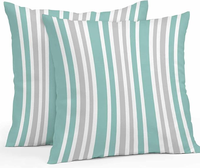 Aqua Grey Stripe Outdoor Pillow Covers 16x16 Inch Throw Pillow Covers Set of 2 Waterproof Decorative Pillow Cases Farmhouse Minimalist Striped Cushion Covers for Patio Furniture Garden Couch Sofa