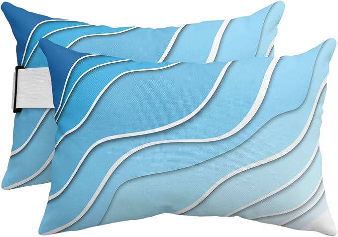 Geometric Ombre Chaise Lounge Pillows Outdoor, Aesthetic Blue White Gradient Abstract Head Pillows, Modern Waterproof Patio Furniture Lumbar Pillows with Adjustable Elastic Strap for Recliner Beach