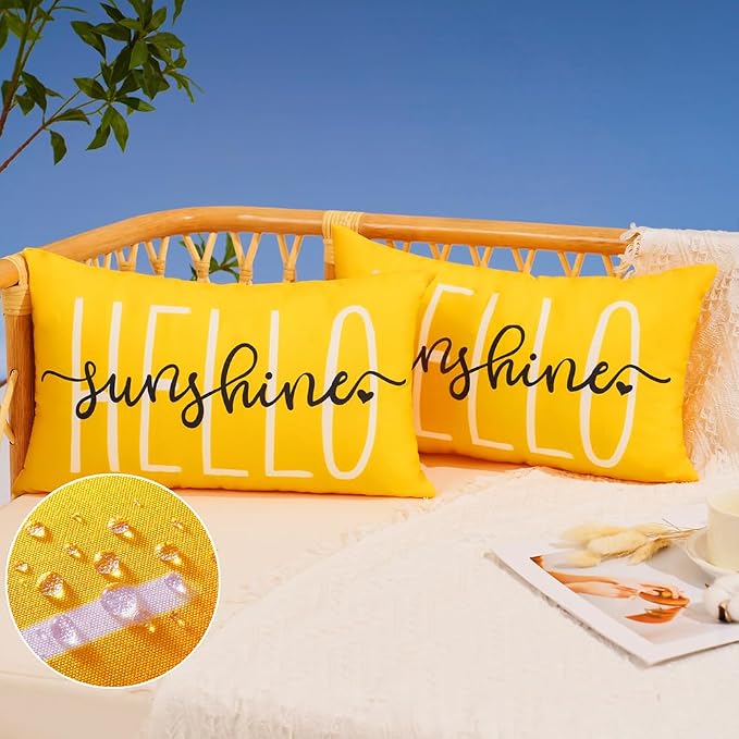 DFXSZ Yellow Outdoor Waterproof Pillow Covers 12x20 Set of 2 | Hello Sunshine Decor Spring Summer Polyester Pillow Covers(NO INSERTS)| Decor for Patio Funiture Garden Sofa Couch