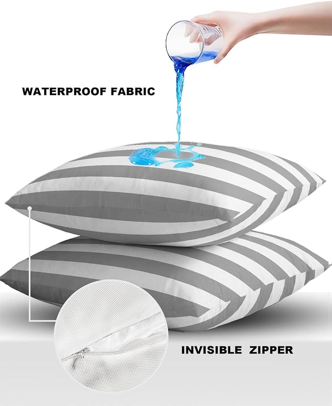 Outdoor Pillows 26x26 Waterproof Outdoor Pillow Covers Gray White Stripes Polyester Throw Pillow Covers Garden Cushion Decorative Case for Patio Couch Decoration Set of 2 Geometric