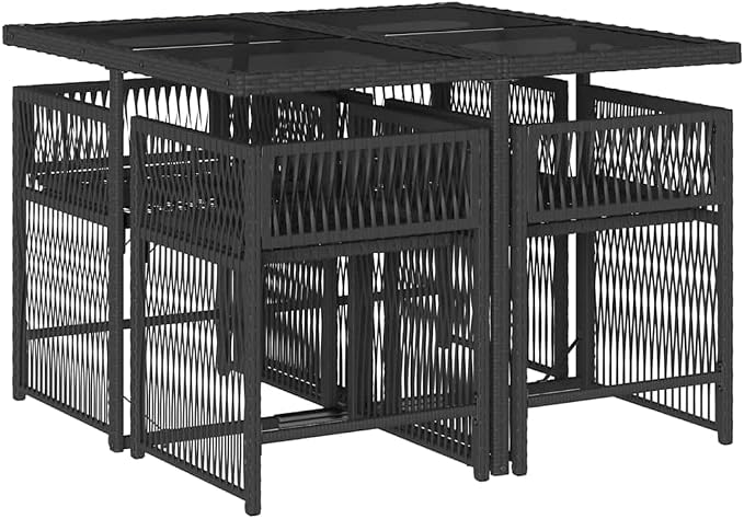 5 Piece Garden Dining Set Black with 4 High-Back Patio Chairs, Rectangular Table, Poly Rattan and Tempered Glass, Foldable and Stackable for Outdoor Patio Balcony