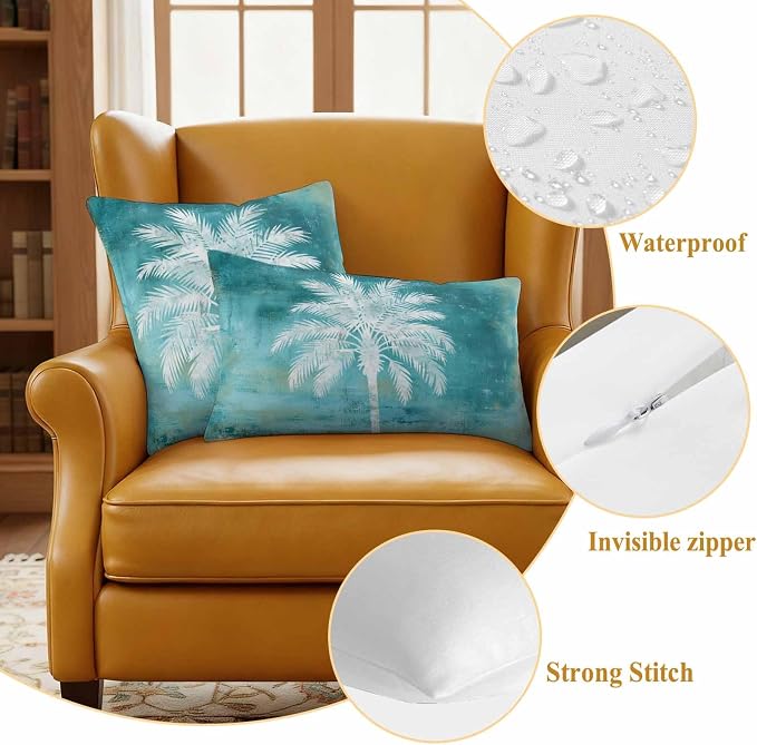 Teal Summer Palm Tree Outdoor Waterproof Pillow Covers, Coastal Beach Tropical Botanical Decorative Square Throw Pillowcase, Vintage Sofa Cushion Sham for Patio/Couch/Chair, 16"x16" 2 Pack