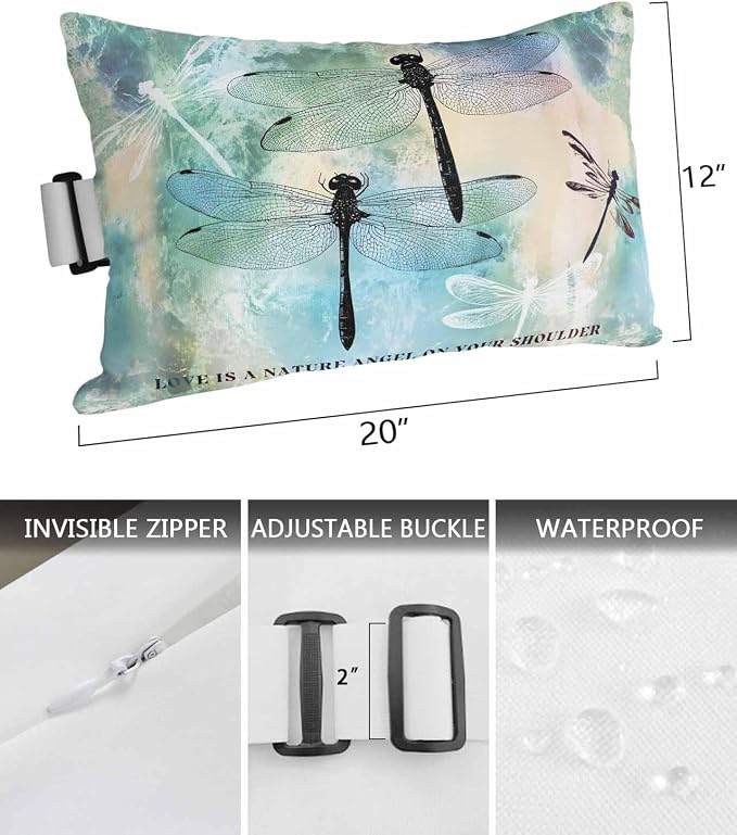 Pack of 2 Outdoor Lumbar Pillow Covers 12x20 Inch, Turquoise Ombre Dragonfly Waterproof Throw Pillow Covers Set, Abstract Modern Art Gradient Indoor&Outdoor Cushion Cases for Patio Porch Beach