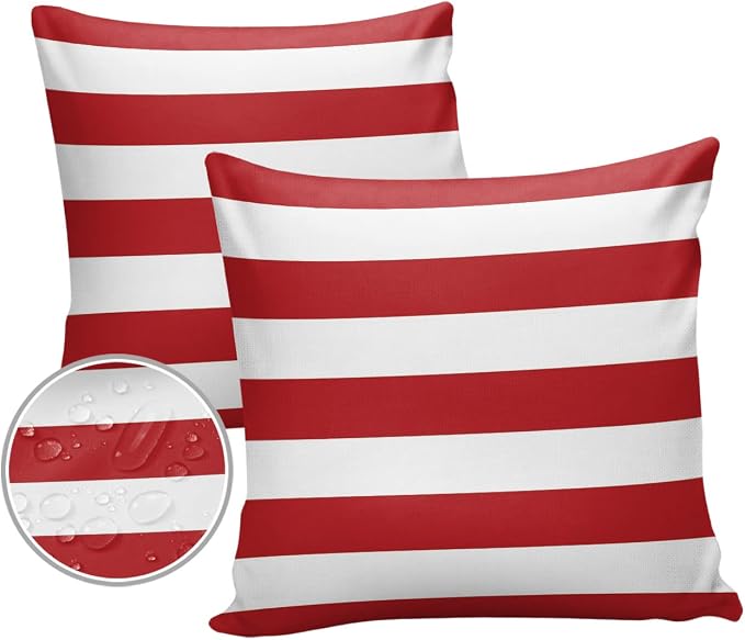 Outdoor Pillows Christmas Stripes Red Waterproof Outdoor Pillow Covers Geometric Red White Polyester Throw Pillow Covers Garden Cushion Decorative Case for Patio Couch Decoration Set of 2