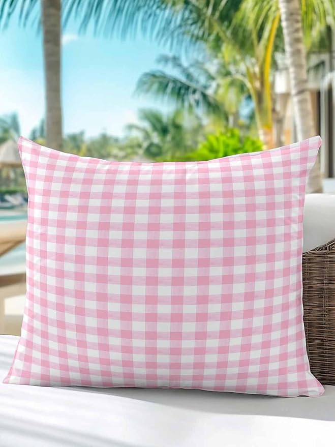 Outdoor Waterproof Throw Pillows Pink Geometric Plaid Patio Pillows,Decorative Pillow Covers with Insert,Pillow Cushion Case for Garden Couch Sofa Rustic Minimalist Checkered
