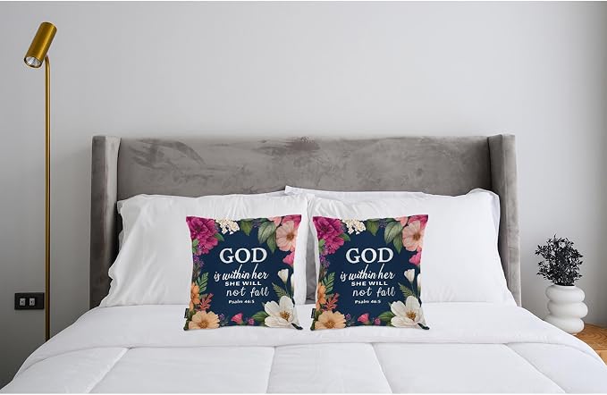 Swono Bible Verses Set of 2 Square 18x18 Inch Throw Pillow Cover God is Within Her She Will Not Fall Cosy Pillowcases Pillow Cushion Covers for Home Sofa Couch Garden Bench Car, Christian Quote