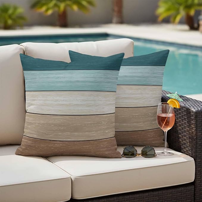 Vandarllin Outdoor Throw Pillow Covers 18X18 Set of 2 Waterproof Teal Blue Brown Decorative Zippered Cushion Covers for Patio Furniture, Farmhouse Retro Rustic Barn Wood Texture Lumbar Pillowcases
