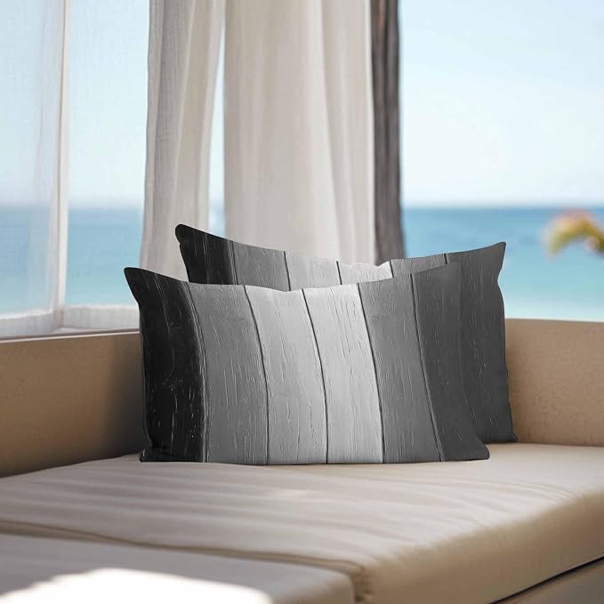 Lumbar Pillow Covers 20x12 Inch Set of 2, Black Gray Ombre Waterproof Outdoor Cushion Covers, Vintage Country Wooden Decorative Pillowcases for Couch, Sofa, Bed, Garden, Patio