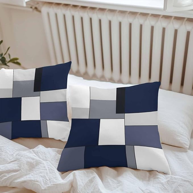Modern Blue White Grey Plaid Outdoor Pillow Covers 20x20in Pack of 2 Waterproof Pillowcase Abstract Geometric Checkered Decorative Throw Cushion Case for Patio Couch Sofa
