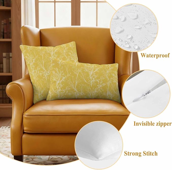 Yellow Branches Waterproof Outdoor Pillow Covers Set of 2 Home Decor, Abstract Art Leaves Plant Pillowcase Patio Pillow Covers for Couch Bench Patio Furniture Garden 18x18in