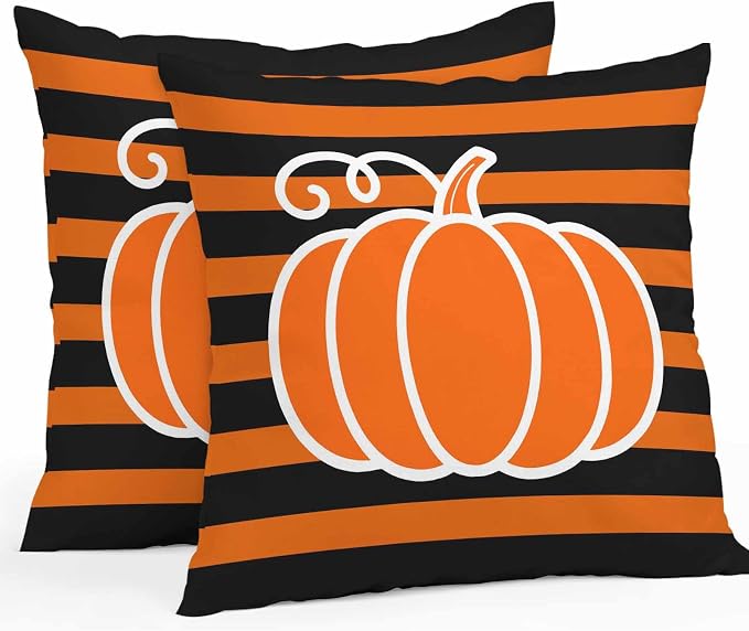 Orange Pumpkins Outdoor Waterproof Pillow Covers, Autumn Black Stripes Farmhouse Decorative Square Throw Pillowcase Sofa Cushion Sham for Patio/Couch/Chair, 26"x26" 2 Pack