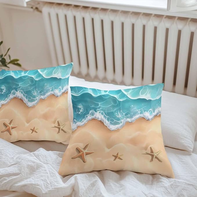 Ocean Beach Waterproof Outdoor Pillow Covers Set of 2 Home Decor, Starfish Sea Waves Coastal Seaside Sand Pillowcase Patio Pillow Covers for Couch Bench Furniture Garden 20x20in