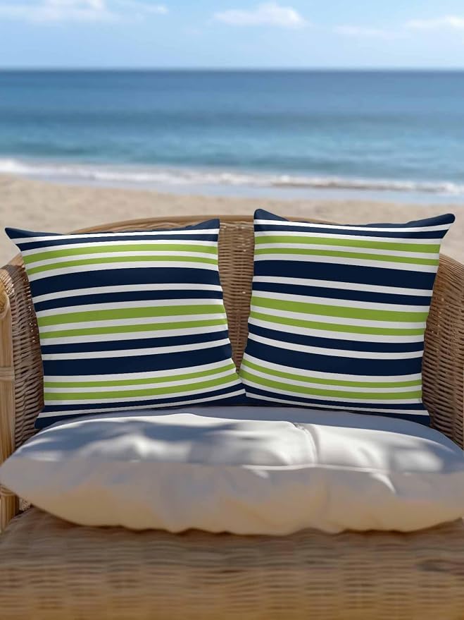 Outdoor Waterproof Throw Pillows Navy Blue Green Stripe Patio Pillows,Decorative Pillow Covers with Insert,Pillow Cushion Case for Garden Couch Sofa White Line