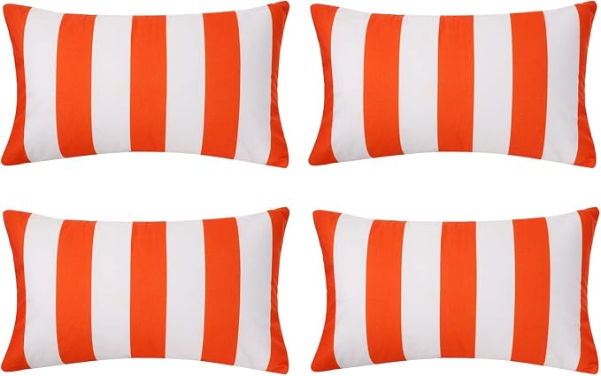 tiggell 4 Pack Waterproof Pillow Covers Outdoor Throw Pillowcases Decorative Garden Cushion Case for Home Garden Patio Couch Balcony Striped (Orange & White, 12 * 20 inch)