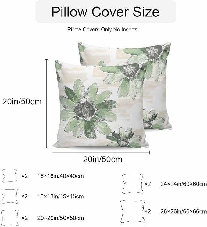 Vandarllin Outdoor Throw Pillows Covers 24x24 inch Set of 2 Waterproof Green Sunflower Decorative Zippered Cushion Covers for Patio Furniture, Floral Field Lumbar Pillowcases