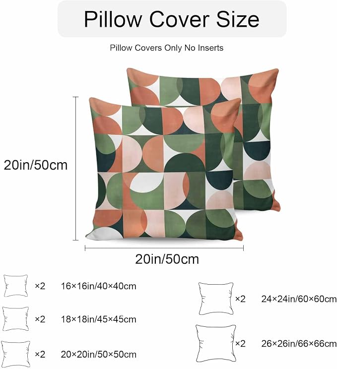 Vandarllin Outdoor Throw Pillows Covers 24x24 inch Set of 2 Waterproof Mid Century Geometric Decorative Zippered Cushion Covers for Patio Furniture, Abstract Modern Green Orange Lumbar Pillowcases