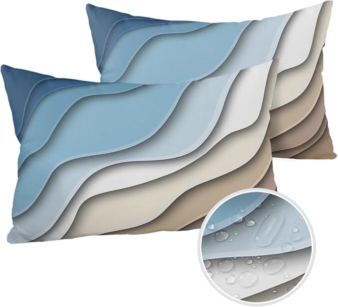 Outdoor Pillows 20x12 Waterproof Outdoor Pillow Covers, Ombre Stripes Blue Brown Polyester Throw Pillow Covers Garden Cushion Decorative Case for Patio Couch Decoration Set of 2, Abstract Striped