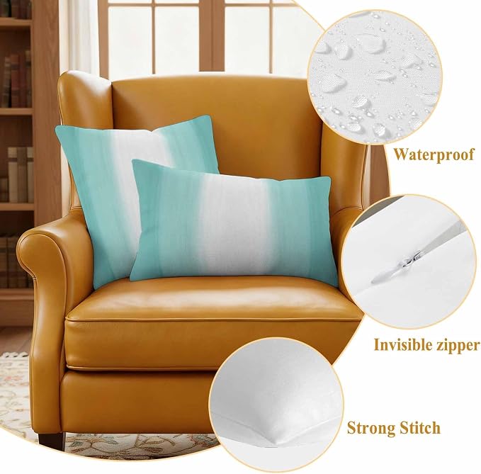 Teal Abstract Stripes Outdoor Pillow Covers 20"x12" Set of 2, Modern Teal White Gradient Waterproof Throw Pillow Covers for Patio Furniture, Decorative Cushion Covers for Porch