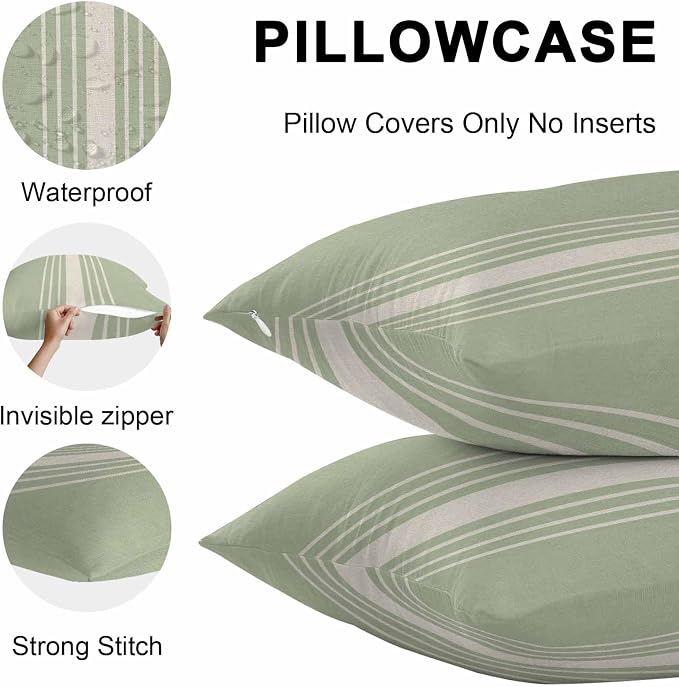 Sage Green Beige Striped Outdoor Pillow Covers 26x26 Inch Throw Pillow Covers Set of 2 Waterproof Decorative Pillow Cases Modern Farmhouse Retro Lines Cushion Covers for Patio Furniture Garden Couch