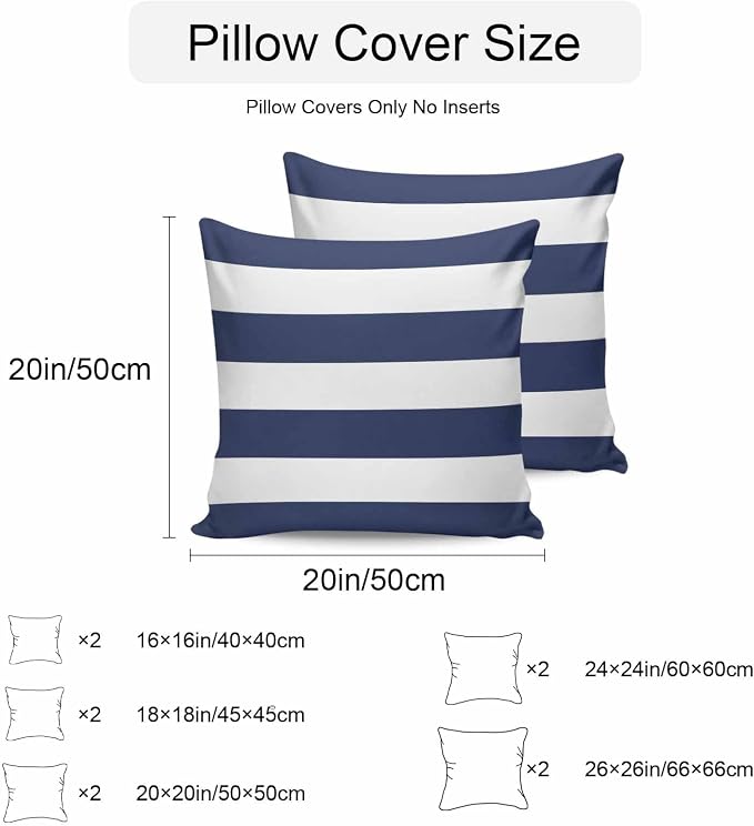 Outdoor Waterproof Throw Pillow Covers Set of 2 Navy Blue Stripe Pillowcases 24x24 Inches Simple Style Striped Decorative Pillows Cushion Case Patio Pillows for Couch Bed Chair Garden