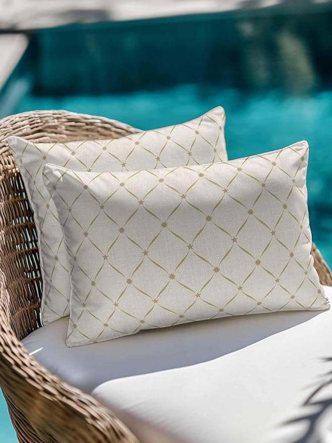 Vandarllin Waterproof Outdoor Pillow Set of 2 Beige Grid Plaid Decorative Throw Pillows Cover & Insert 20x12 Inch Lumbar Pillowcase Diagonally Crossed Lines Pillows for Couch Sofa Bed Patio Furniture