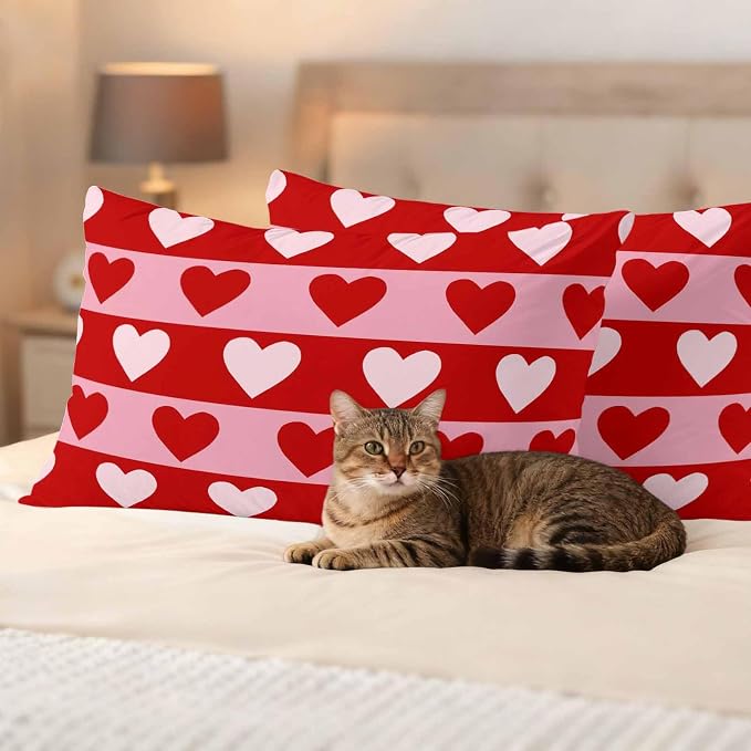 Outdoor Waterproof Throw Pillow Covers, Valentine's Day Decorative Pillow Cases, Romantic Pink Red Love Heart Stripes Couch Pillow Protector Patio Sofa Cushion Covers Replacement 20"x12" 2 Pack