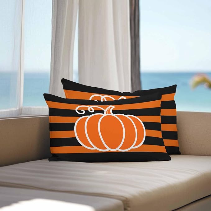 Orange Pumpkins Outdoor Waterproof Pillow Covers, Autumn Black Stripes Farmhouse Decorative Rectangle Throw Pillowcase Sofa Cushion Sham for Patio/Couch/Chair, 20"x12" 2 Pack