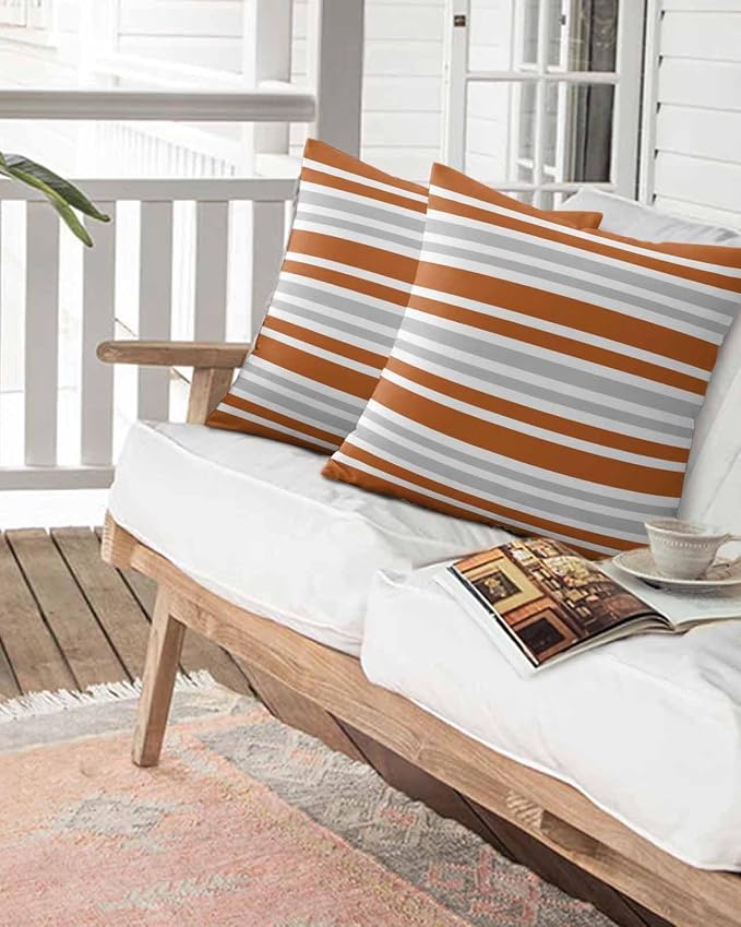 Outdoor Waterproof Throw Pillows Abstract Modern Stripes Patio Pillows Pack of 2,Decorative Pillow Covers with Insert,Pillow Cushion Case for Garden Couch Sofa Orange White Gray