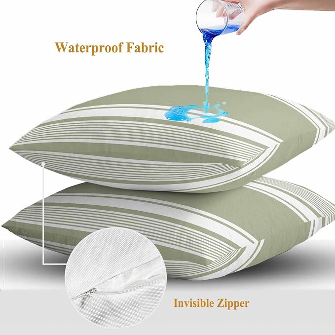 Vandarllin Outdoor Throw Pillows Covers 26x26 inch Set of 2 Waterproof Sage Green Stripes Decorative Zippered Cushion Covers for Patio Furniture, Striped Lines Lumbar Pillowcases