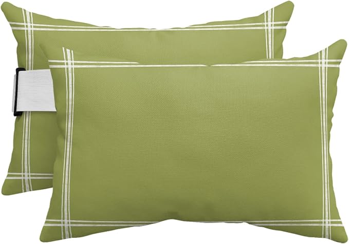 T&H XHome Outdoor Pillow for Chaise Lounge Chair, Solid Color Olive Waterproof Headrest Pillow Lumbar Pillows with Insert & Adjustable Elastic Strap for Beach, Poolside, Patio, Office (2 Pack)