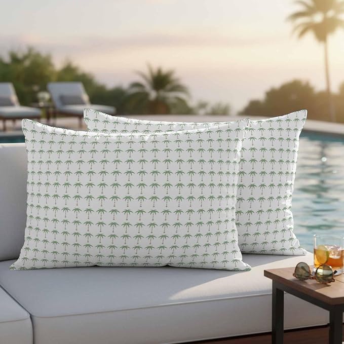 Palm Trees Outdoor Pillow Covers 20"x12" Set of 2, Summer Vintage Nautical Coastal Beach Ocean Green Tree Waterproof Throw Pillow Covers for Patio Furniture, Decorative Cushion Covers for Porch