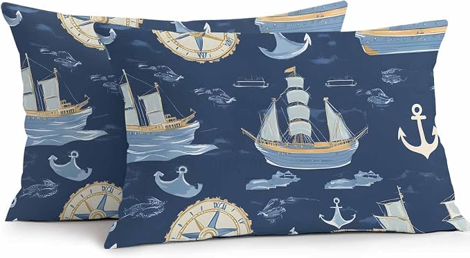 Coastal Boat on Navy Blue Outdoor Pillow Covers 20x12in Pack of 2 Waterproof Pillowcase Nautical Ocean Compass Anchor Decorative Throw Cushion Case for Patio Couch Sofa