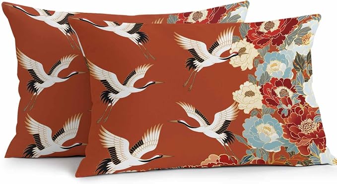 Japanese Style Outdoor Pillow Covers 20x12 Inch Lumbar Pillow Covers Set of 2 Waterproof Decorative Throw Pillow Cases Red Farmhouse Botanical Peony Birds Cushion Covers for Patio Furniture Garden