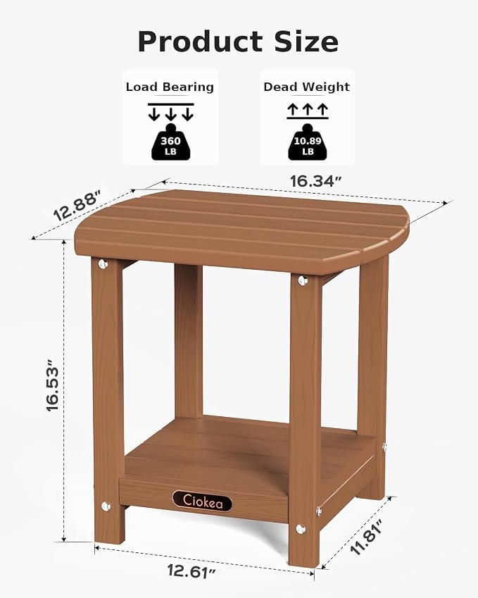 Ciokea Adirondack Outdoor Side Table, 2-Tier Sturdy Patio End Table Weather Resistant, Morden Side Table for Patio, Pool, Porch, Teak