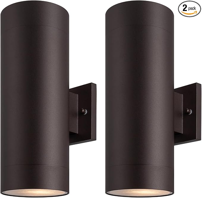 mirrea 14" Modern Outdoor Porch Light 2 Lights, Oil Rubbed Bronze, 2 Pack | Aluminum cylinder exterior fixtures, tempered glass cover, waterproof wall sconce & patio light for outdoor use.