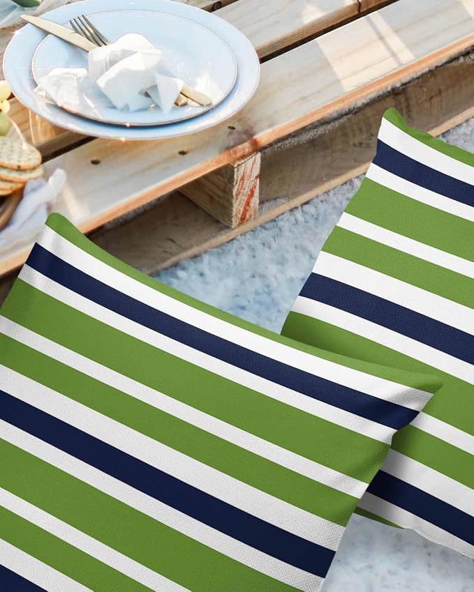 Outdoor Waterproof Throw Pillow Covers Set of 2 Navy Blue Green Stripes Decorative Outdoor Pillows Cushion Case 18x18 Inch Classic Striped Patio Pillows for Couch Sofa Bed Garden Office Home Decor