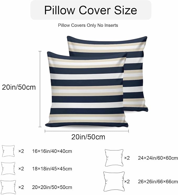 Khaki Navy Blue Striped Outdoor Pillow Covers Waterproof, All Weather Cushion Case Set of 2, Farmhouse Abstract Lines Art Decorative Pillowcases for Sofa Couch Bed Decor Patio Furniture 18"x18"